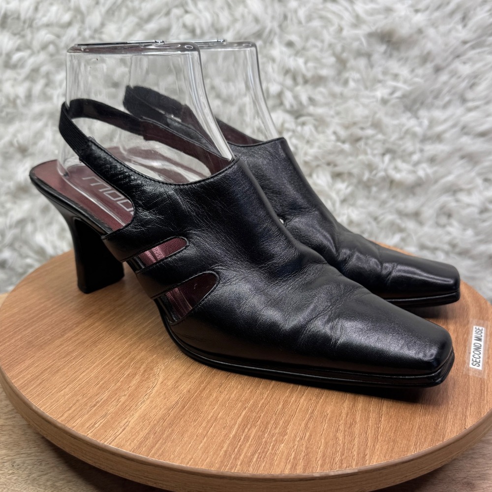 Moda Spana Black Leather Square Toe‎ Slingback Heels Shoes Size 8M Y2K 90's
